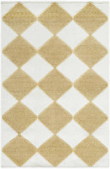 Close-up of Bosley White Washable Area Rug with a contemporary diamond pattern in mustard and white. Machine woven texture. Design-Rectangle