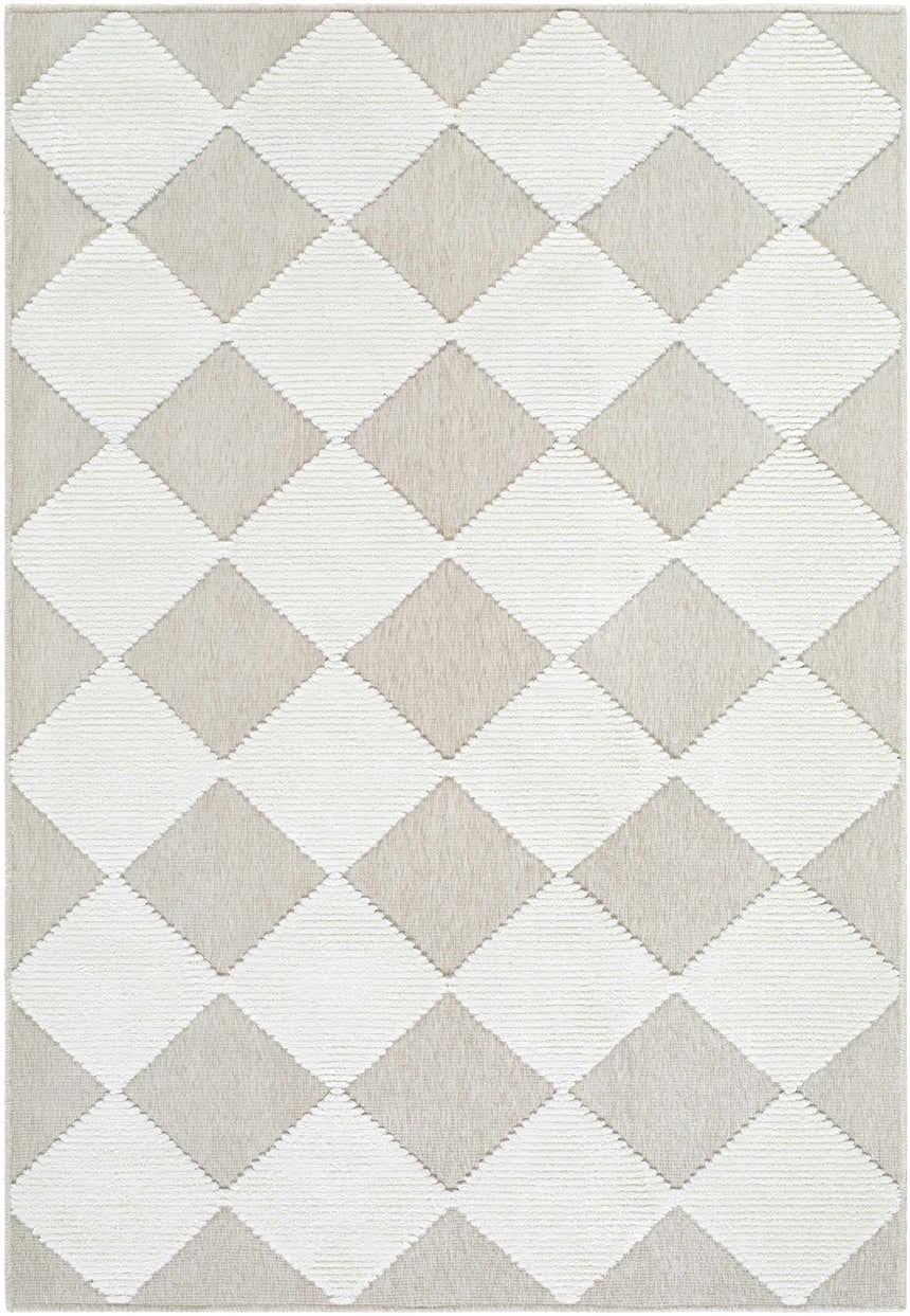 Close-up of the Bosley Beige Washable Area Rug featuring a contemporary diamond pattern in beige and cream hues. Design-Rectangle-576