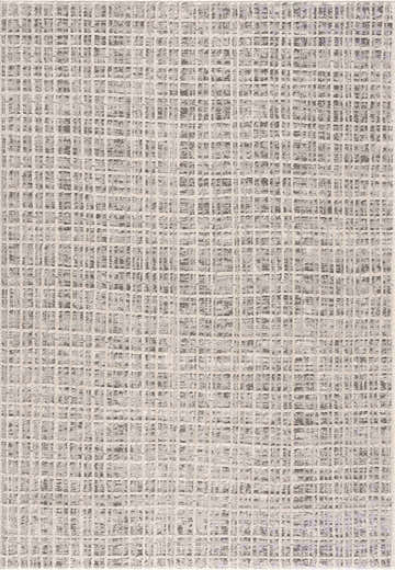 Close-up of the Barbra Gray Area Rug featuring a light silver and silver gray grid pattern. Design-Rectangle-5373