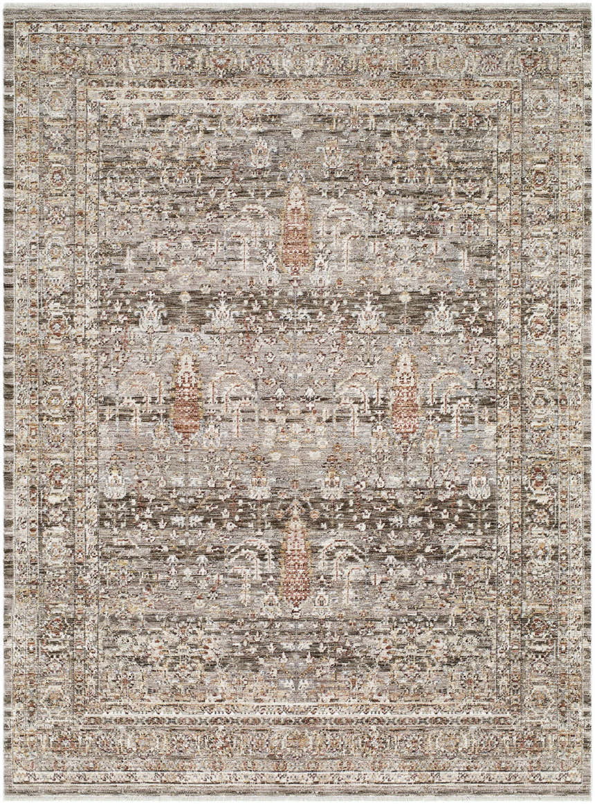 Detailed Brycen Area Rug close-up. Traditional pattern in cream, dark brown, red, gray, and mustard tones. Design-Rectangle-537
