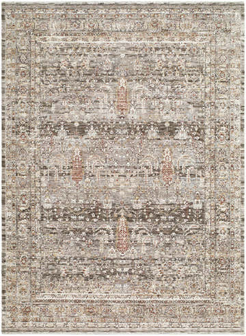 Detailed Brycen Area Rug close-up. Traditional farmhouse style with cream, brown, red, gray, and mustard colors. Design-Rectangle-576