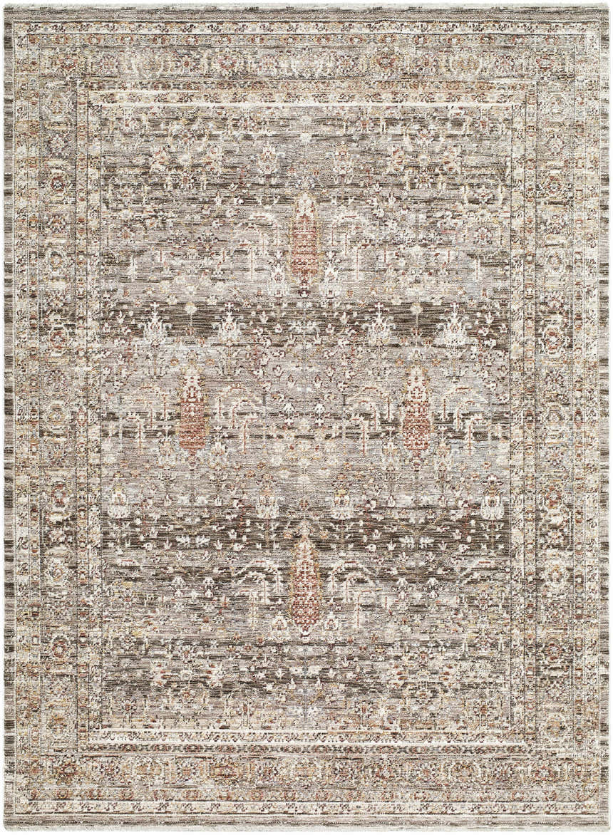 Detailed Brycen Area Rug close-up. Traditional farmhouse style with cream, brown, red, gray, and mustard colors. Design-Rectangle-576