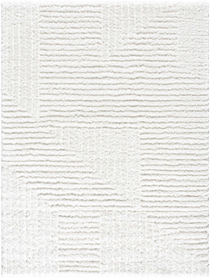 Close-up of the cream and white Bulana Area Rug, a shag rug with a subtle geometric pattern. Design-Rectangle-537