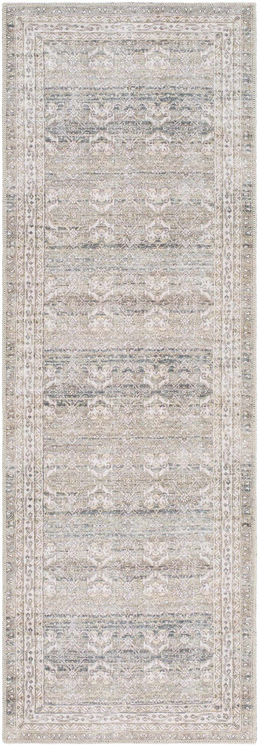 Close-up of Billie Vintage Flat Pile Washable Rug; cream, green, olive, and peach traditional farmhouse design. Design-Runner-27710