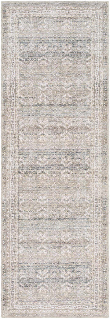 Close-up of Billie Vintage Flat Pile Washable Rug; cream, green, olive, and peach traditional farmhouse design. Design-Runner-27710
