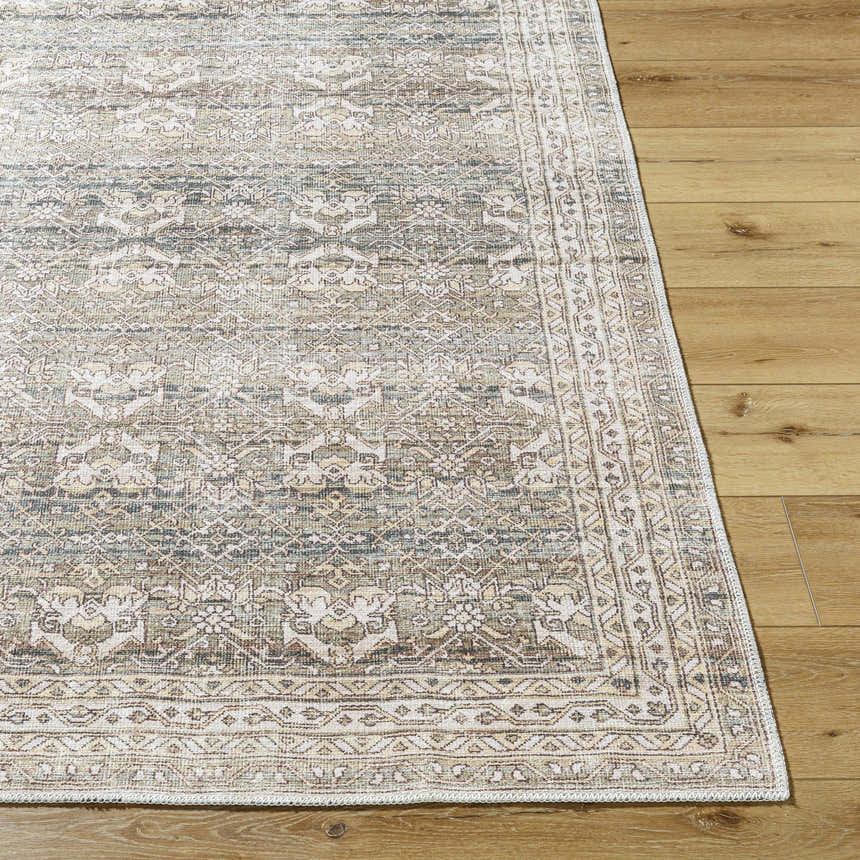 Close-up of Billie Vintage Flat Pile Washable Rug. Cream, green, and peach tones with a traditional, distressed pattern. Front