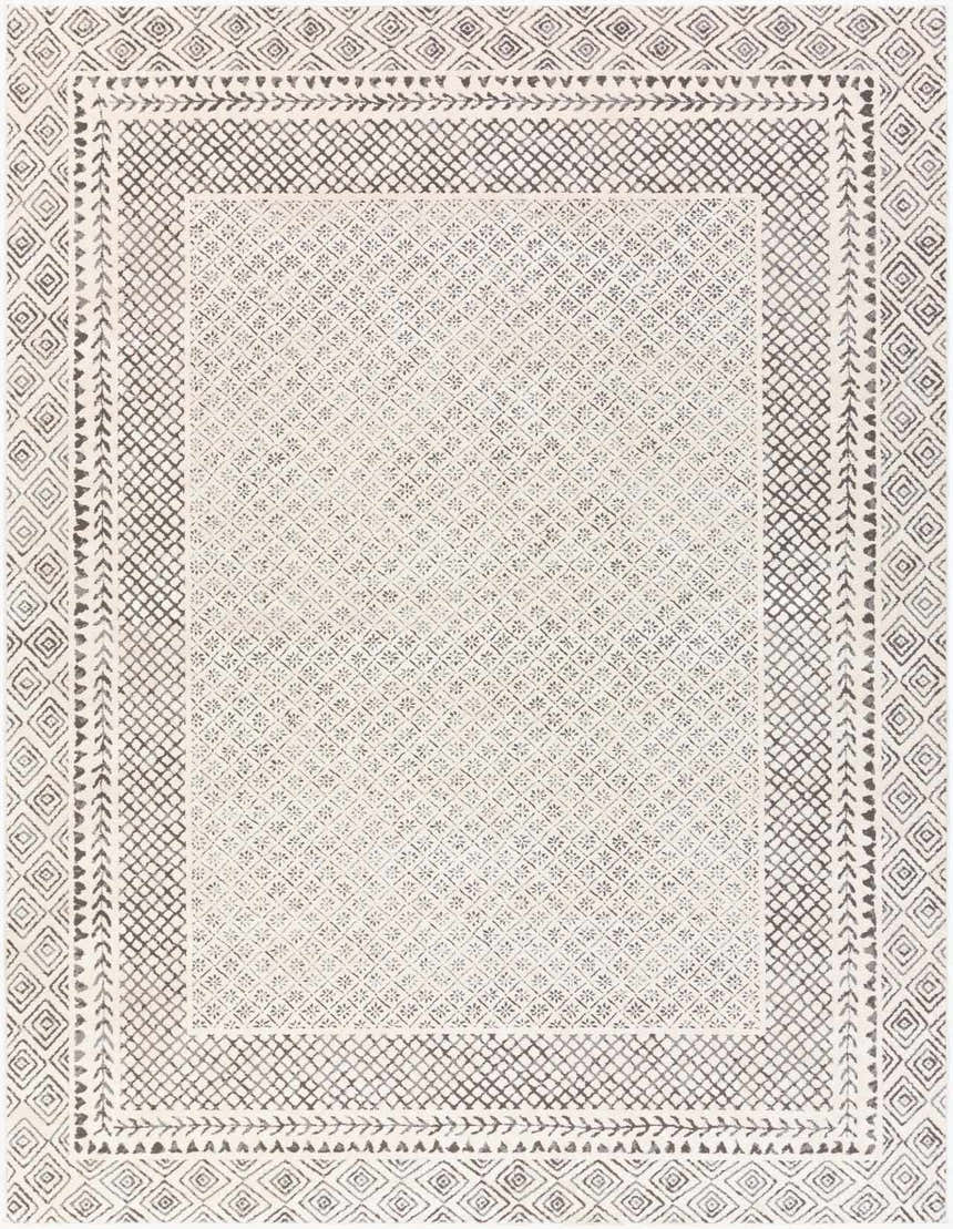Detailed Burdette Soft Neutral Rug with geometric charcoal and light beige diamond pattern. Design-Rectangle