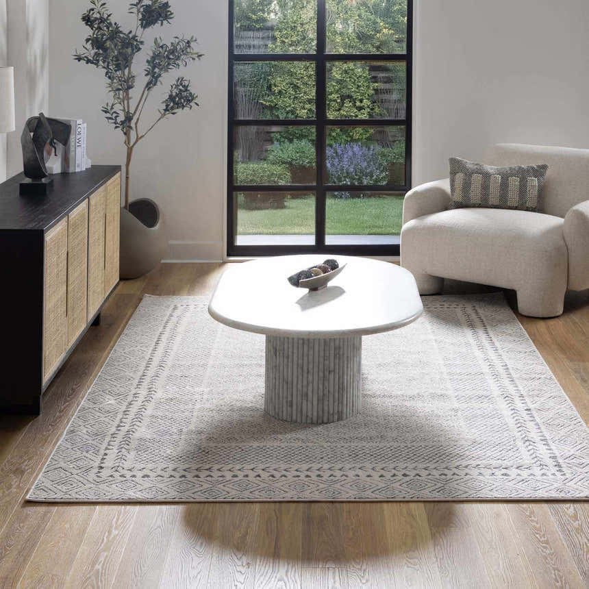 Living room scene with a Burdette Soft Neutral Rug, marble table, accent chair, and wood cabinet. Modern farmhouse style. Roomscene-Rectangle