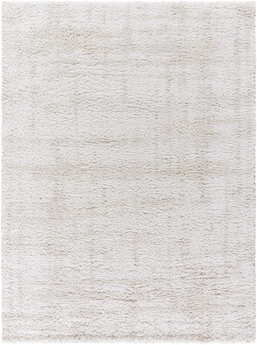 Close-up of the Bianca Area Rug, a soft, textured shag rug in medium gray and white polyester. Design-Rectangle-537