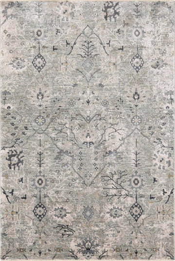 Close-up of the Barkisland Thick Luxe Oushak Rug. Features a traditional floral pattern in teal, sage, beige, and gray tones. Design-Rectangle