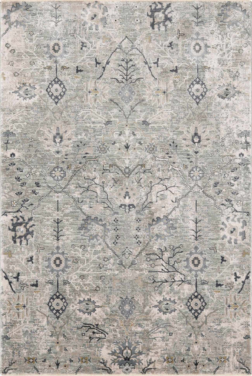 Close-up of the Barkisland Thick Luxe Oushak Rug. Features a traditional floral pattern in teal, sage, beige, and gray tones. Design-Rectangle