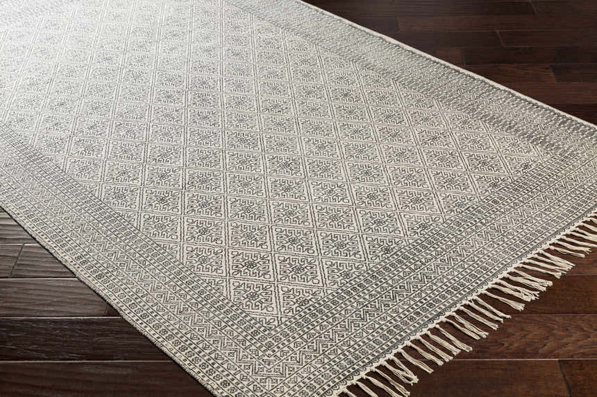 Close-up of the hand-woven Brushton Area Rug. Beige and black geometric pattern with fringe detail on dark wood floor. Corner