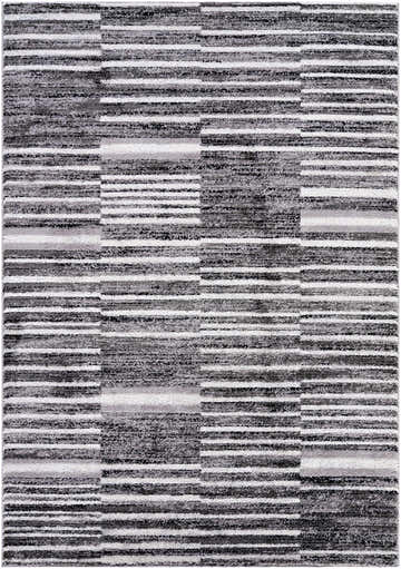 Close-up of the Bashar Area Rug. Contemporary style with black, ivory, and gray horizontal stripes and textured design. Design-Rectangle-5373