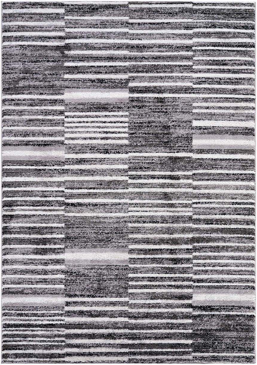 Close-up of the Bashar Area Rug. Contemporary style with black, ivory, and gray horizontal stripes and textured design. Design-Rectangle-5373