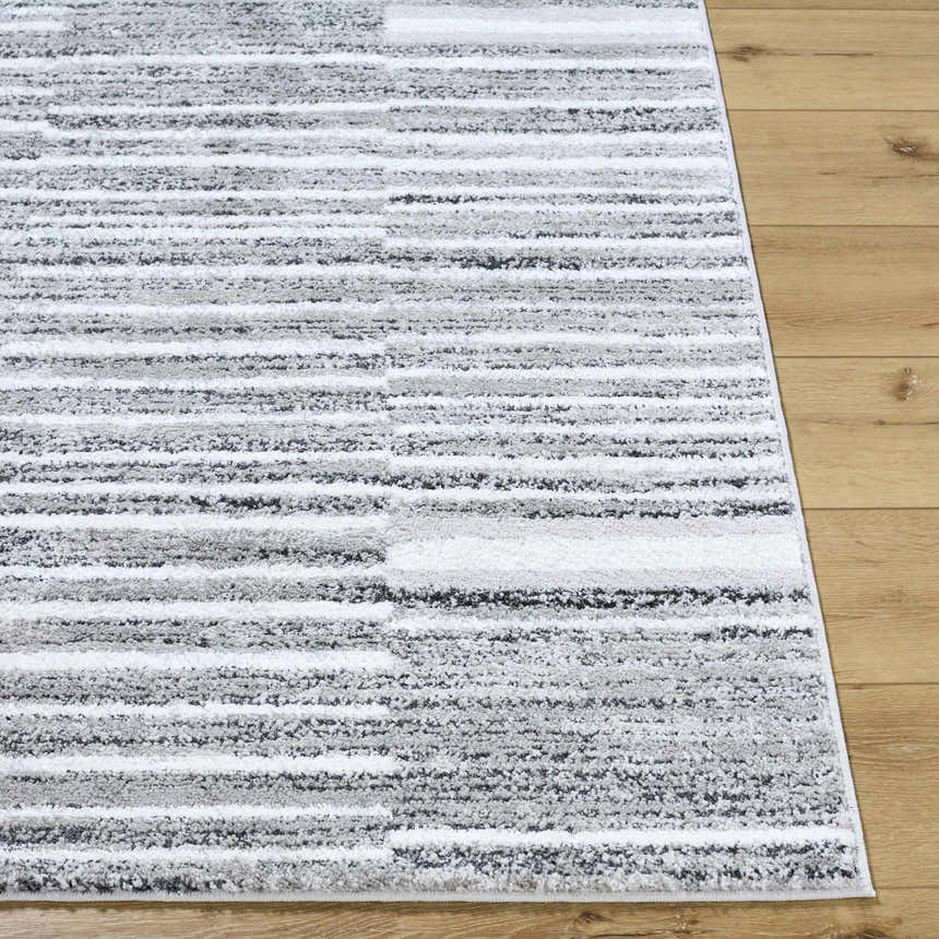 Close-up of the Bashar Area Rug showing a contemporary stripe pattern in black, ivory, and gray on a wood floor. Front