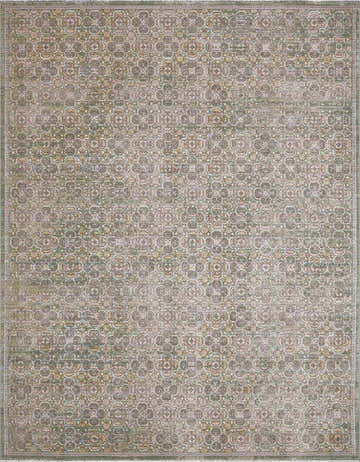 Close-up of Galey Alix x Livabliss Vintage Oriental Boho Olive Myrtle Avenue II Area Rug; olive, cream, and brown floral pattern. Design-Rectangle