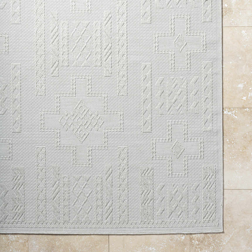 Close-up of the light silver Branko Area Rug showing its woven geometric pattern and textured surface. Corner