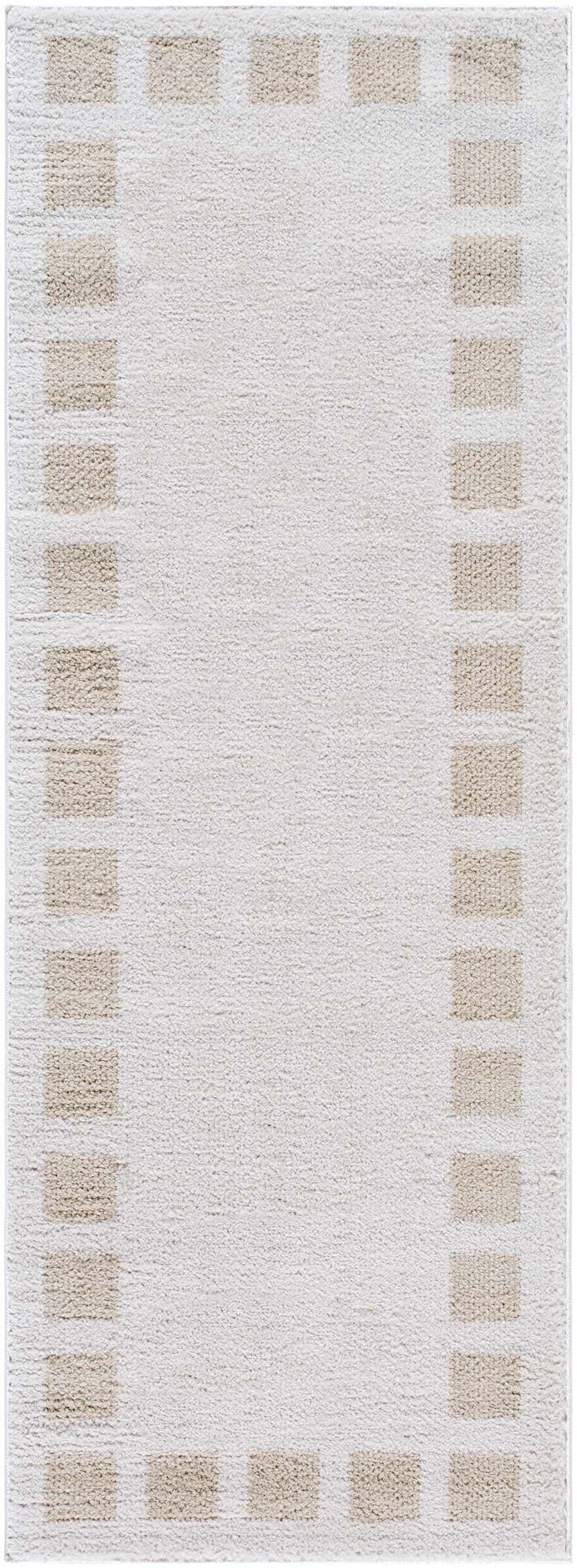 Close-up of the Beynon Beige Washable Area Rug, a contemporary runner with beige squares bordering a soft beige center. Design-Runner-2773