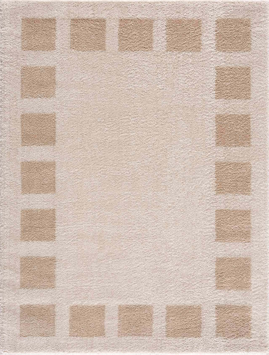 Close-up of the Beynon Beige Washable Area Rug, featuring a contemporary square pattern in beige and peach tones. Design-Rectangle-537
