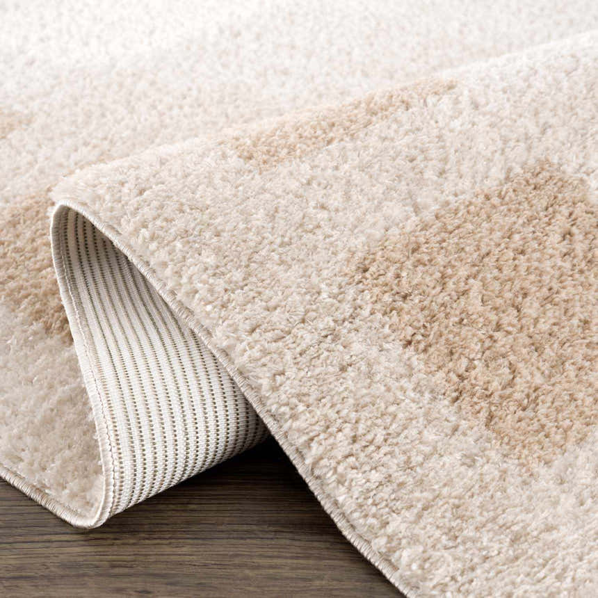Close-up of the Beynon Beige Washable Area Rug showing its soft, plush texture and subtle beige and peach pattern. Fold