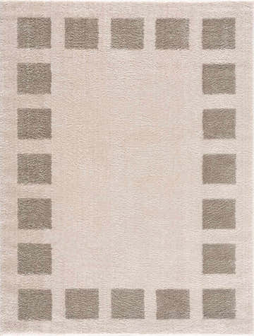 Close-up of the Beynon Gray Washable Area Rug, featuring a medium gray square pattern on a peach background. Contemporary style. Design-Rectangle-537