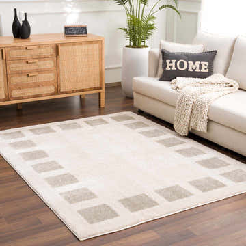 Living room scene with a Beynon Gray Washable Area Rug, cream sofa, wood cabinet, and houseplant. Contemporary style. Roomscene-Rectangle