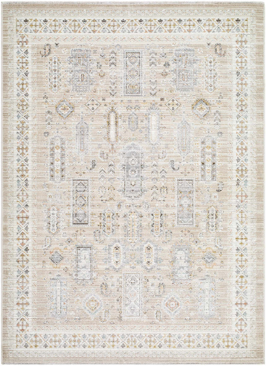 Close-up of Fugia Beige Persian rug. Machine woven polypropylene rug with traditional beige, gray, and gold patterns. Design-Rectangle-537