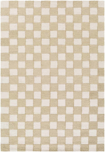 Close-up of the Amparo Beige Area Rug. Hand-tufted wool rug with a contemporary beige and ivory checkerboard pattern. Design-Rectangle-576