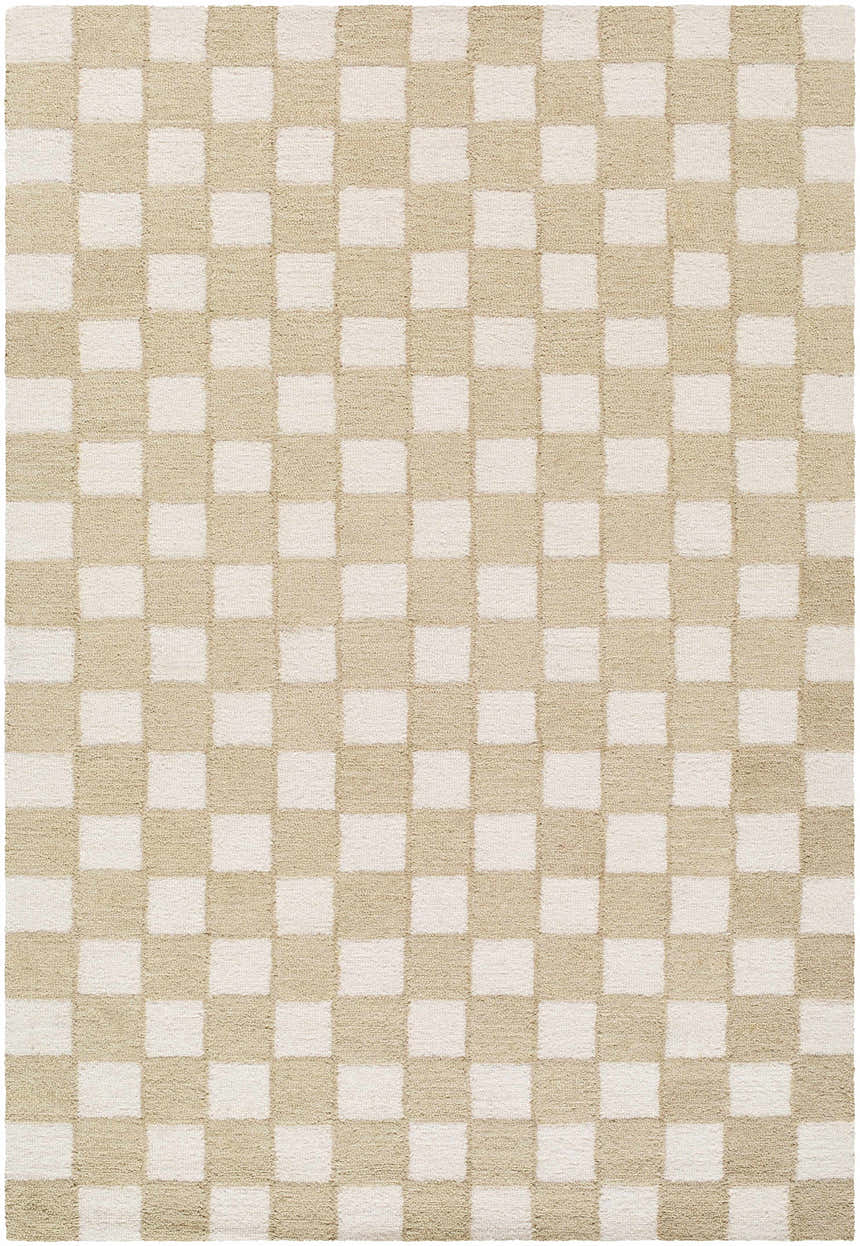 Close-up of the Amparo Beige Area Rug. Hand-tufted wool rug with a contemporary beige and ivory checkerboard pattern. Design-Rectangle-576