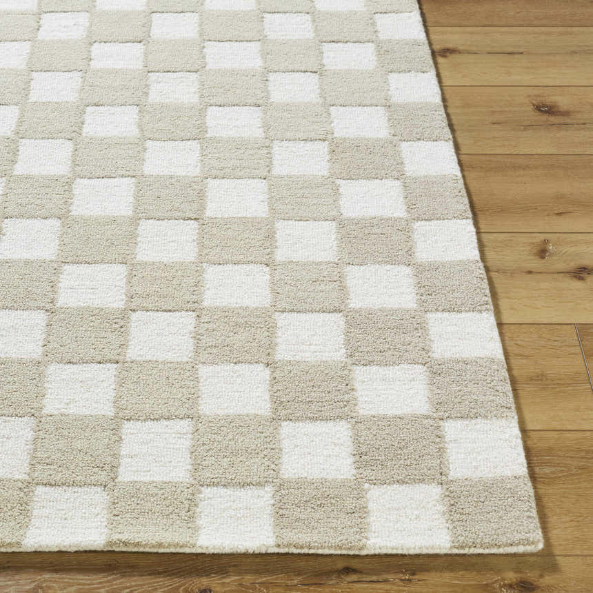 Close-up of the Amparo Beige Area Rug. Hand-tufted wool rug with a beige and ivory checkerboard pattern. Front