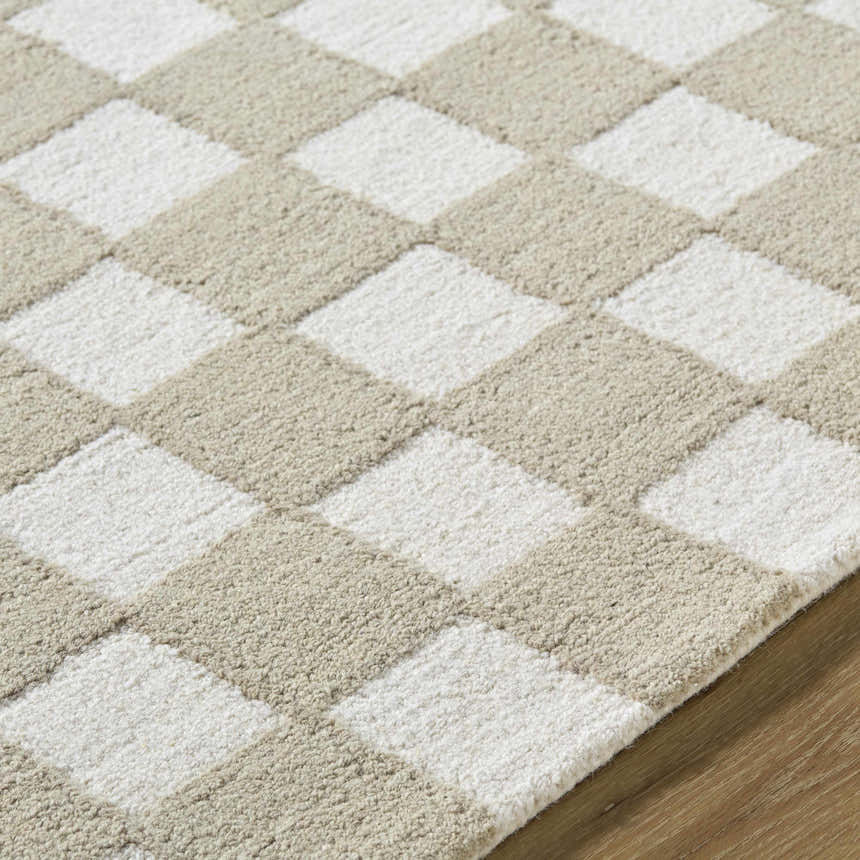 Close up of the Amparo Beige Area Rug featuring a beige and ivory checkerboard pattern. Texture