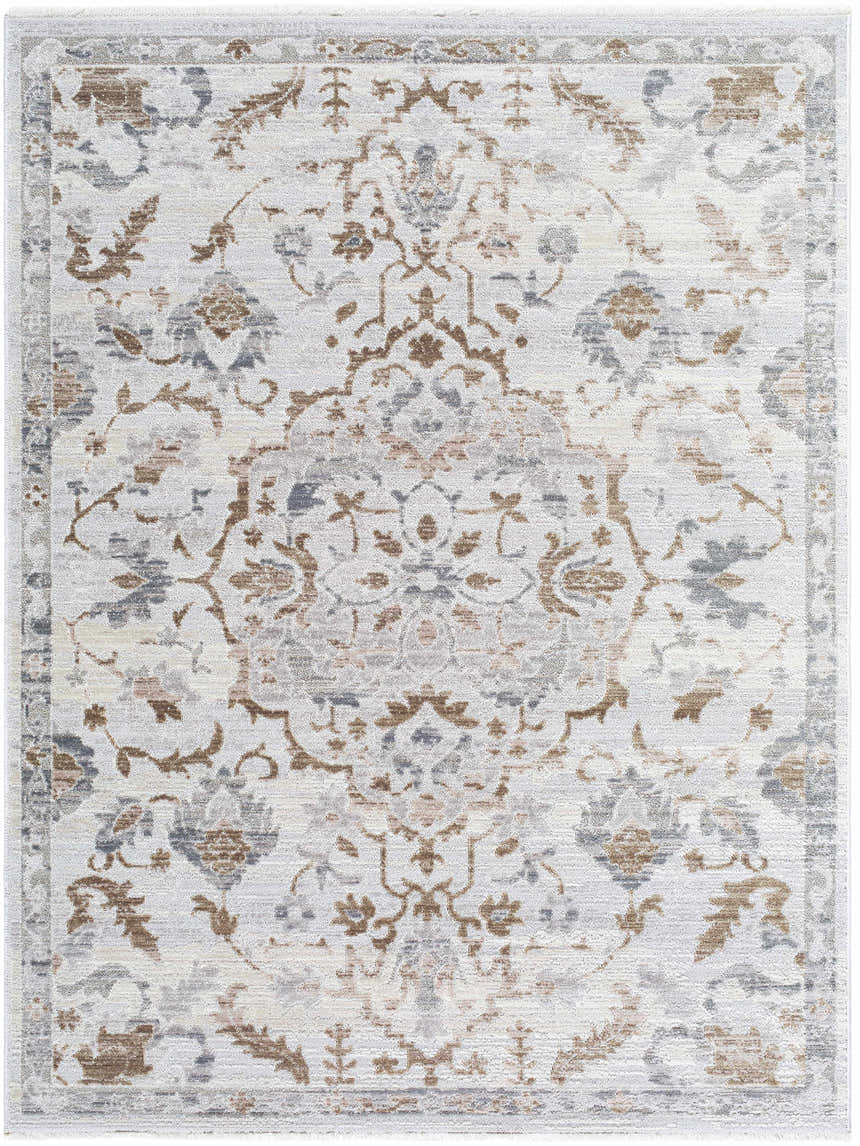 Close-up of the Aldona Area Rug featuring a traditional floral pattern in charcoal, ivory, slate gray, and taupe. Design-Rectangle-57