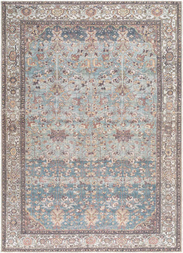 Close-up of the Bahram Vintage Flat Pile Washable Rug, featuring a traditional floral pattern in teal, cream, and dark red. Design-Rectangle-5373