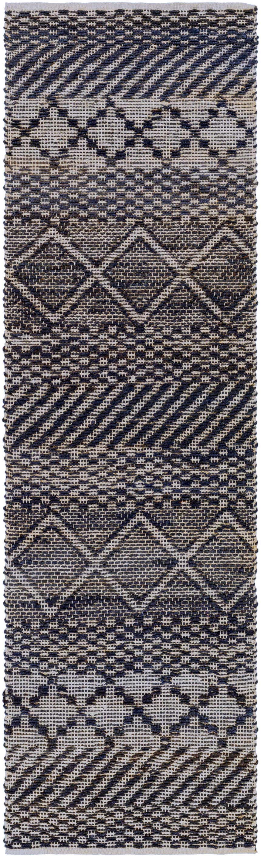 Close-up of the Bunclody Jute Carpet. Light beige rug with navy geometric patterns and hand woven texture. Design-Runner-268