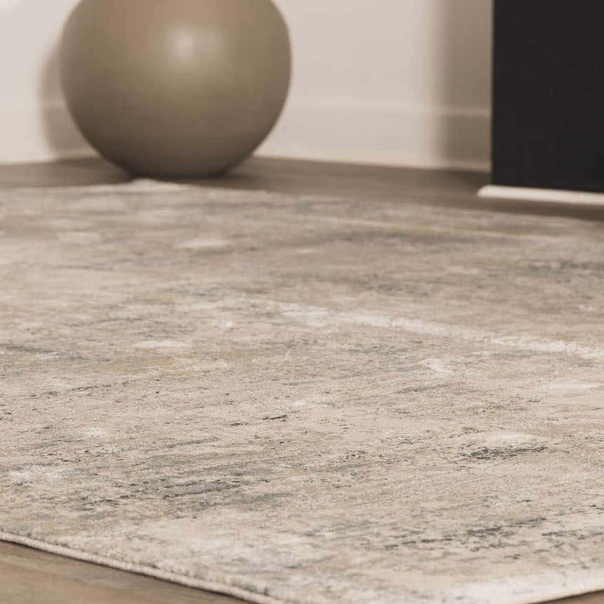 Close-up of the Burstwick Thick Luxe Boutique Rug showing its taupe, sage, and pale blue contemporary design. Roomscene-Rectangle