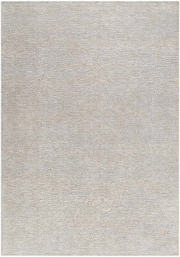 Close-up of the Beiwen Area Rug. Light sage, light slate, and slate blue tones with a subtle traditional pattern. Design-Rectangle-6796