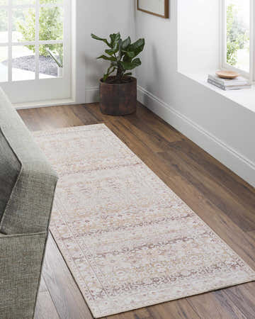 Entryway with Bienna Vintage Flat Pile Washable Rug in camel, cream, and brown. Farmhouse style runner rug on wood floor. Roomscene-Runner