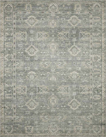 Close-up of the Collins Avenue I Vintage Oushak Area Rug. Gray rug with beige and brown traditional Oushak pattern. Design-Rectangle