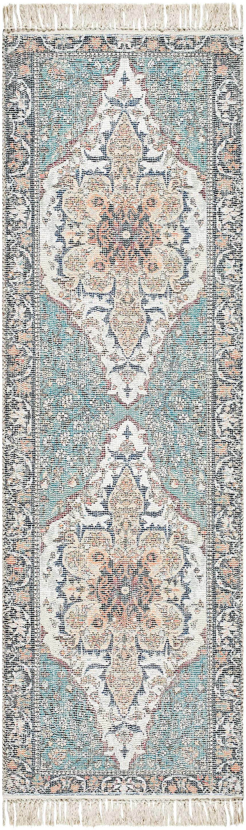 Close-up of the hand-loomed Bohdan Teal Area Rug. Features a traditional, farmhouse design with teal, ivory, and peach colors. Design-Runner-268