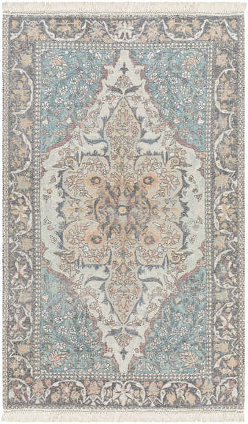 Detailed Bohdan Teal Area Rug. Traditional rug with charcoal, pink, ivory, mustard, peach, and teal floral pattern and fringed edges. Design-Rectangle-69