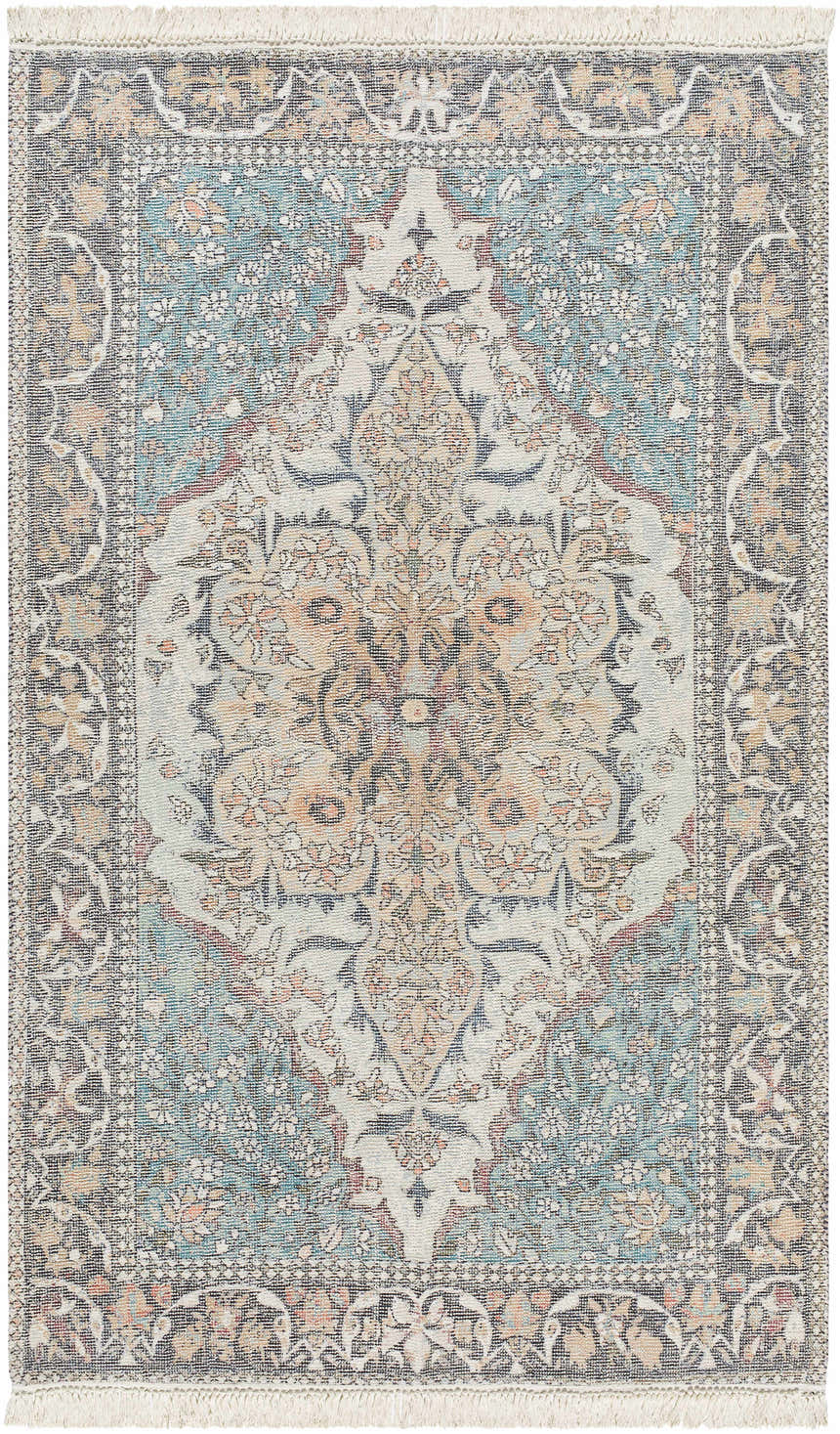 Detailed Bohdan Teal Area Rug. Traditional rug with charcoal, pink, ivory, mustard, peach, and teal floral pattern and fringed edges. Design-Rectangle-69