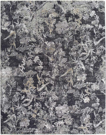 Close-up of the Breeda Black Area Rug featuring an abstract floral pattern in black, charcoal, gray, and ivory. Design-Rectangle-710102