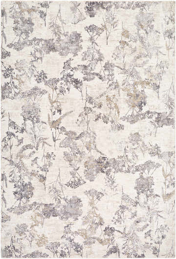 Close-up of Breeda Cream Area Rug. Features a floral pattern in charcoal, gray, and tan on a cream background. Southwestern style. Design-Rectangle-6796