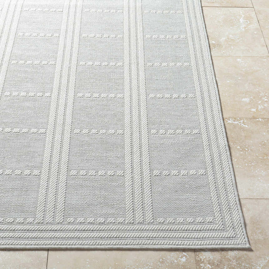 Close-up of the light silver Bahari Area Rug showing its woven texture and farmhouse-style rectangular pattern. Front