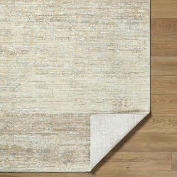 Close-up of the Bracha Thick Luxe Area Rug showing beige, ivory, and sandstone colors and machine woven texture. Fold