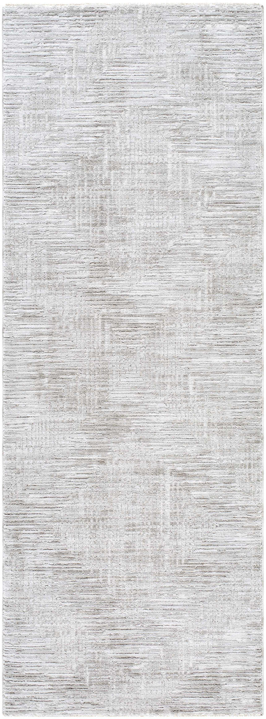Close-up of the Barend Area Rug. Machine woven polyester rug in ash, light silver, sage, and sterling gray. Southwestern style. Design-Runner-2773
