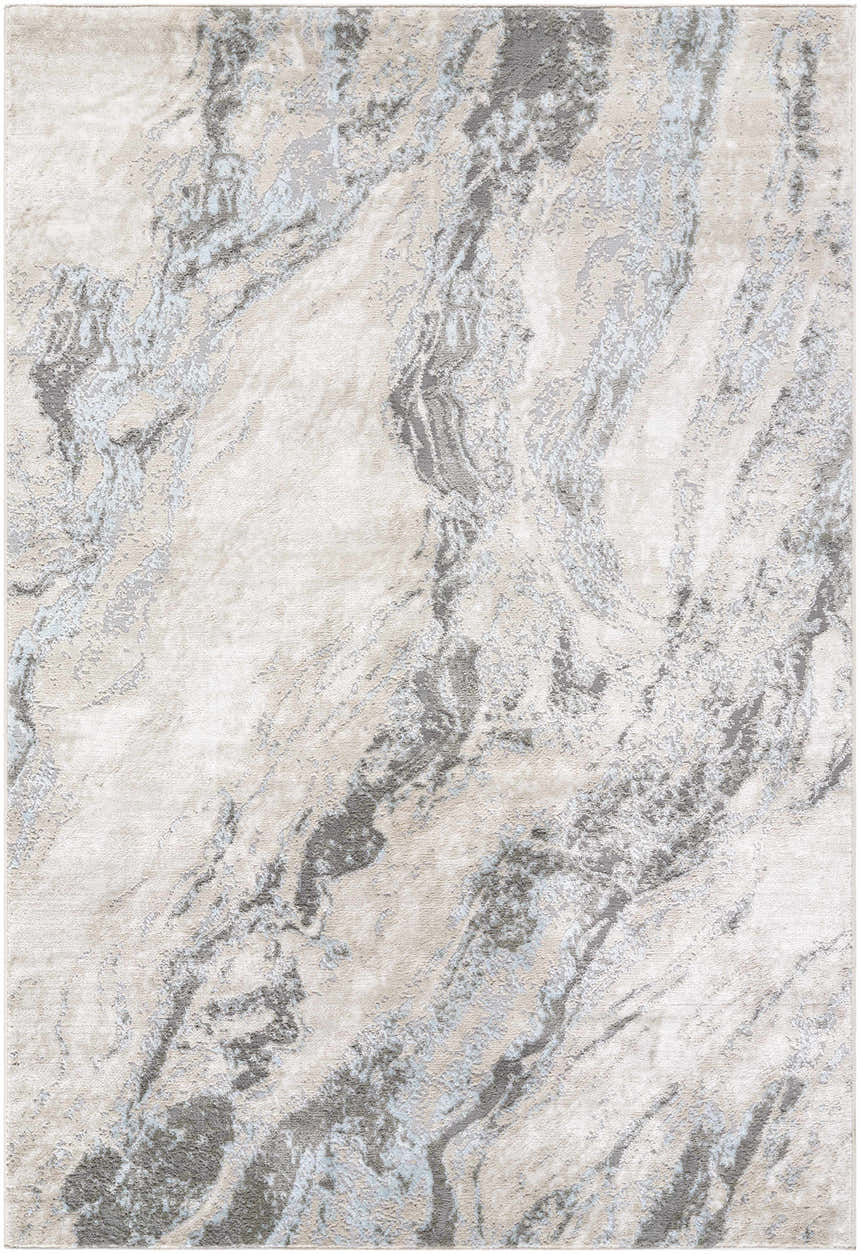 Close-up of the Atsuko Area Rug. Beige, charcoal, cream, and ice blue abstract pattern. Contemporary style. Design-Rectangle-537