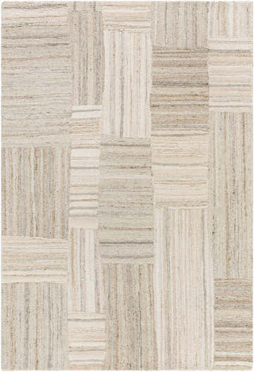 Close-up of the Ashtyn Area Rug. Hand-tufted wool rug in beige, cream, and tan patchwork design. Farmhouse style. Design-Rectangle-576