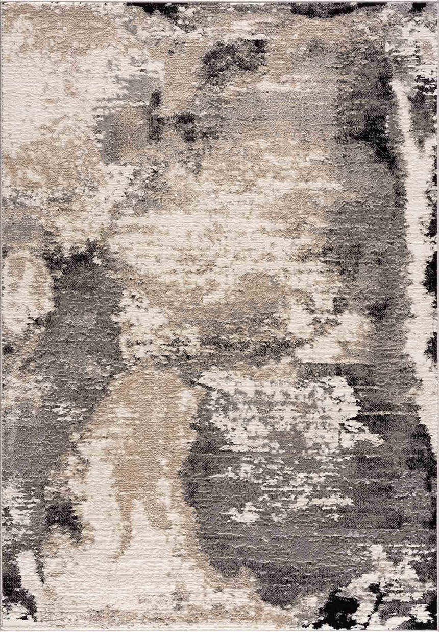 Close-up of the Birdie Area Rug. Ash, light silver, sage, and silver gray create an abstract, contemporary design. Design-Rectangle-5373