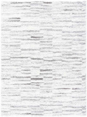 Close-up of the Benjen Gray Area Rug. Shag rug with a contemporary gray and ivory horizontal stripe pattern. Design-Rectangle-537